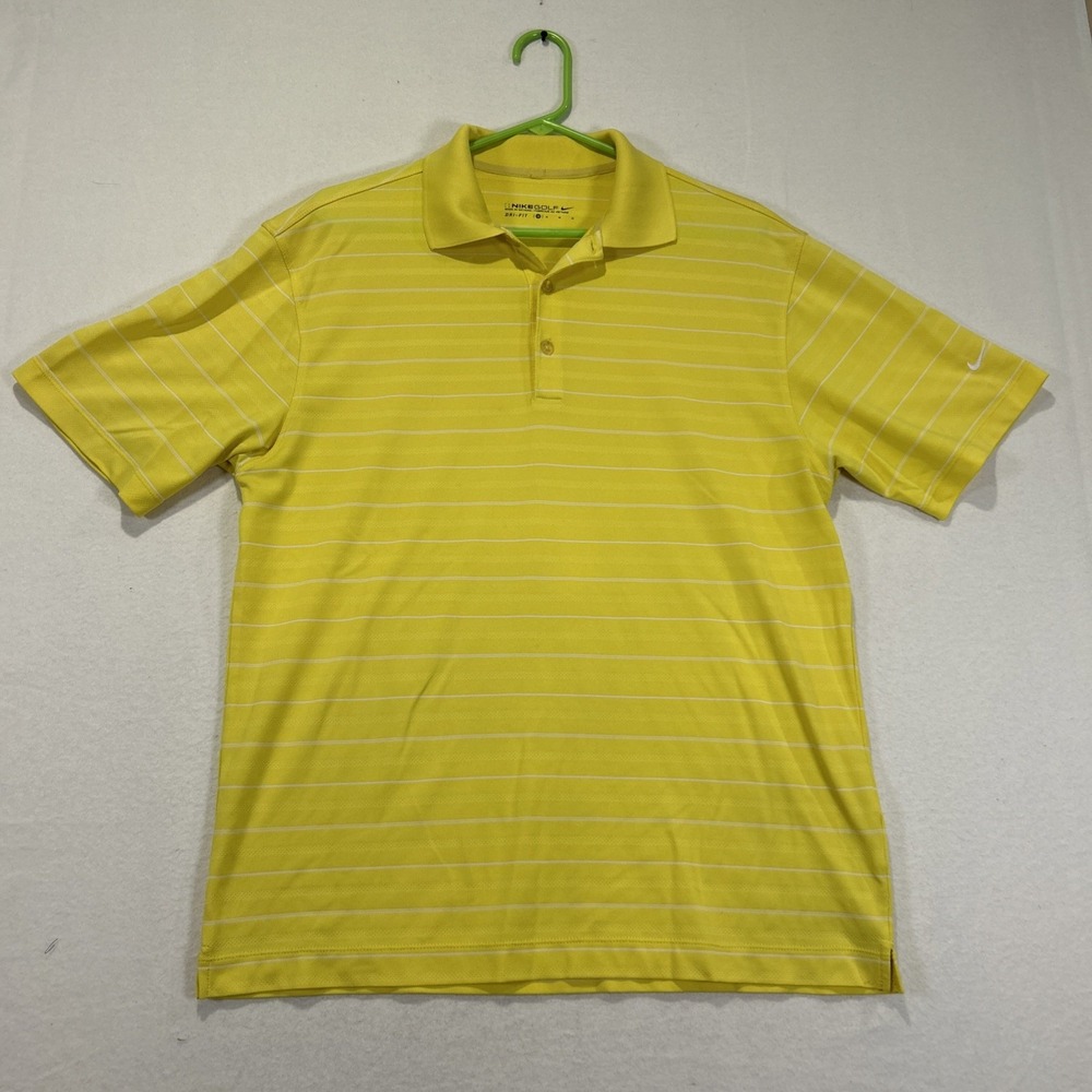 Nike Golf Dri-Fit Polo Shirt Short Sleeve Mens Medium Yellow Stripes Swoosh Logo